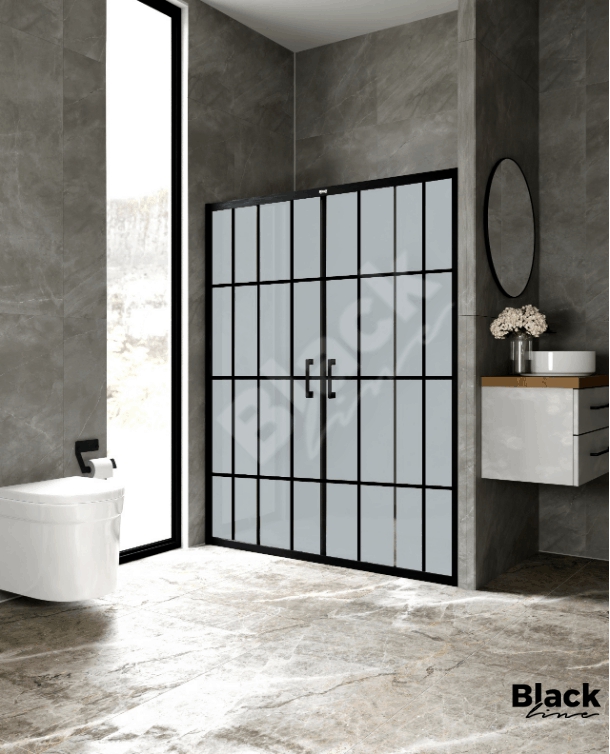 Luxuryline Siyah Çıtalı Komple Kumlu Duşakabin İki Duvar Arası Temperli Cam 5mm Şeffaf H: 190